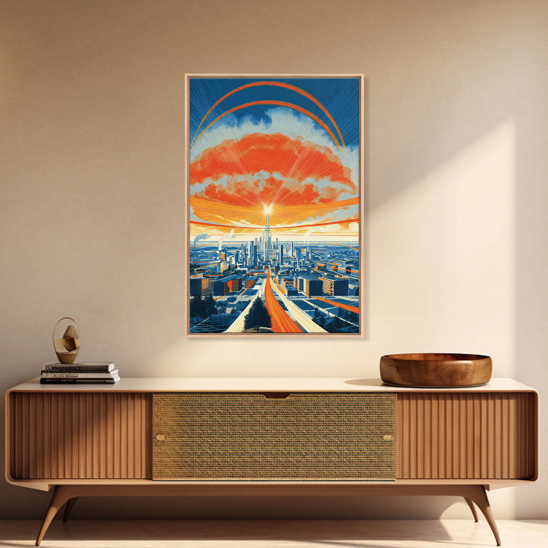 Retro Futurist City Sunset Wall Art, Orange Blue Midcentury Modern Poster, Architectural Art, Travel Wall Decor, Large Print