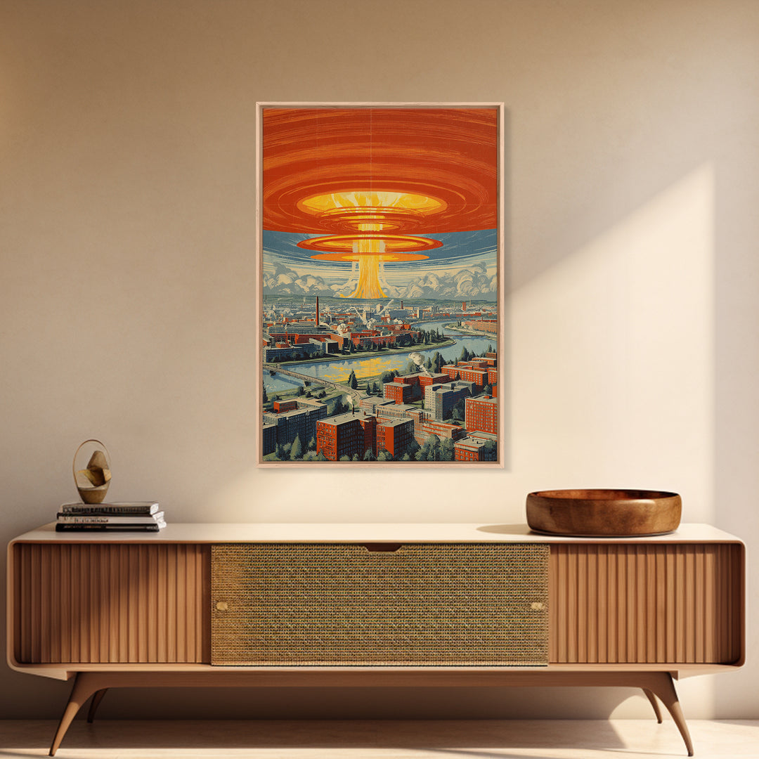 Retro Futuristic City With Orange Saucer Beam, Canvas Print, Mid Century Modern Wall Art, Sci Fi Poster, Atomic MCM Decor