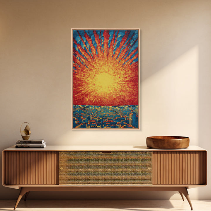 Fiery Solar Burst Over City Skyline, Wall Art, Mid Century Modern Art Print, Retro Sci Fi Poster, Atomic Orange Home Decor