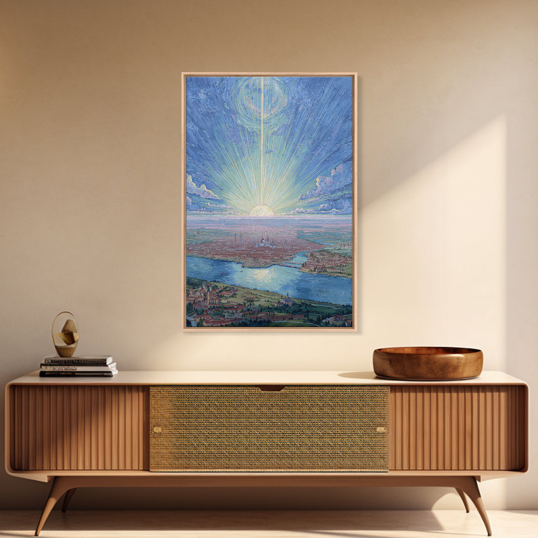 Pastel Sunrise Over Historic Waterfront City, Framed Canvas Print, Modern Wall Art, Scenic Travel Poster, Blue Home Decor