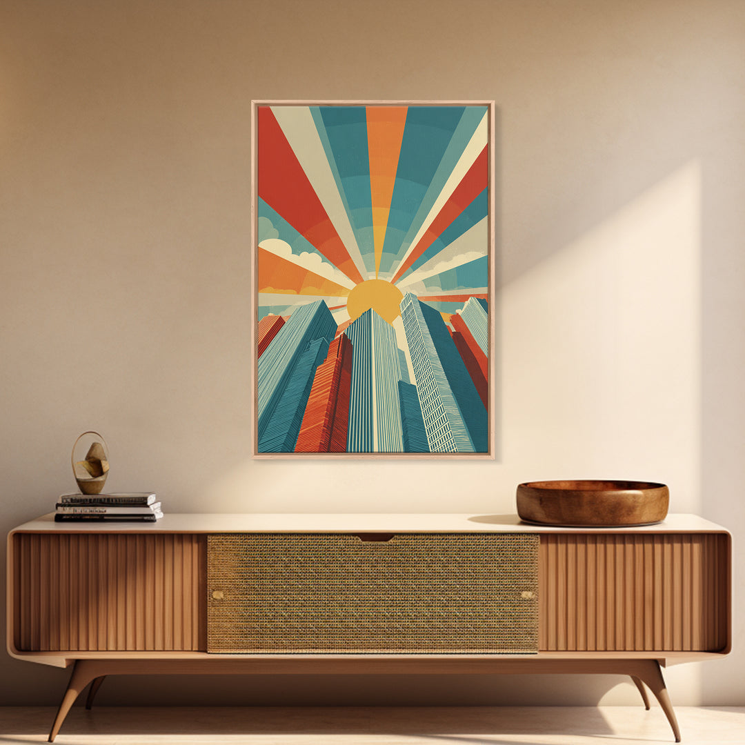 Low Angle Skyscrapers With Radiant Sun, Canvas Print, Mid Century Modern Wall Art, Geometric Poster, Retro Office Decor Print