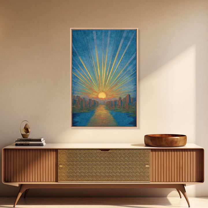 Blue River Sunset Over Modern City Skyline, Wall Art, Mid Century Modern Art Print, Retro Sun Poster, Teal Orange Decor