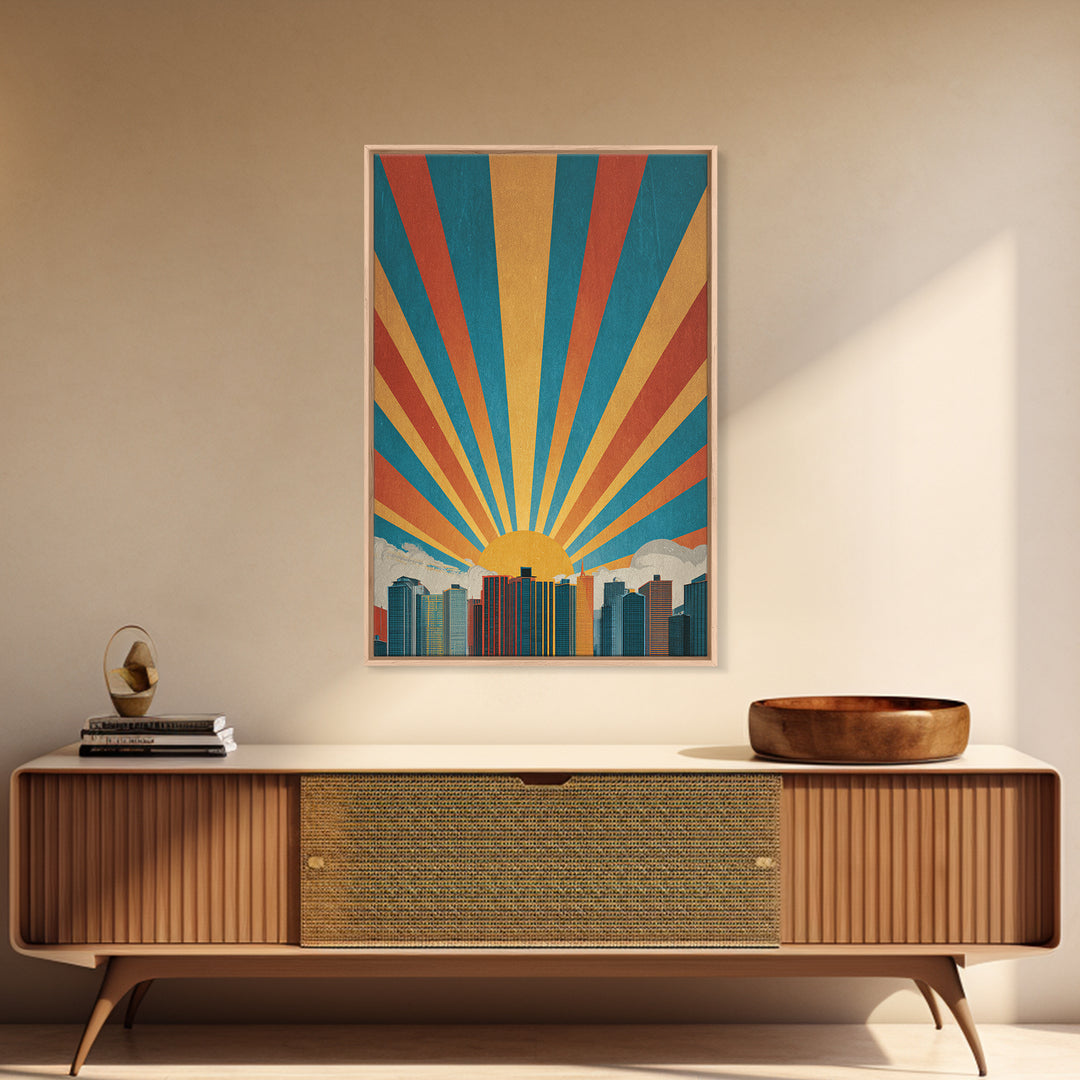 Bold Sunrise Behind Downtown Skyline, Canvas Print, Mid Century Modern Wall Art, Retro Geometric Poster, Teal Orange Decor