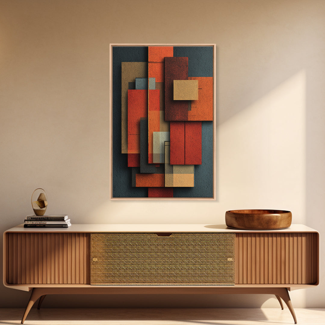 Rust Orange Teal Rectangles Framed Canvas Print, Midcentury Modern Geometric Wall Art, Atomic MCM Decor, Bold Abstract Painting