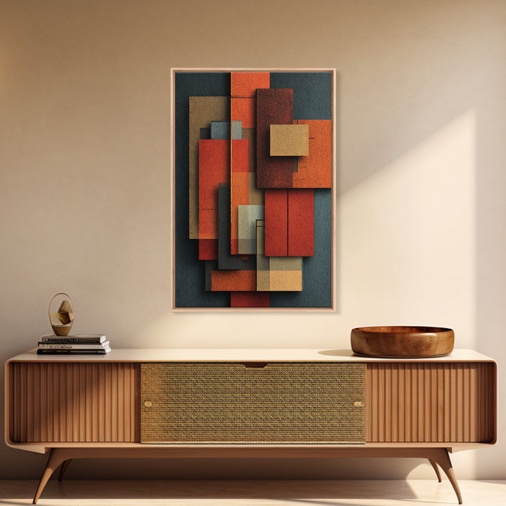 Rust Orange Teal Rectangles Framed Canvas Print, Midcentury Modern Geometric Wall Art, Atomic MCM Decor, Bold Abstract Painting
