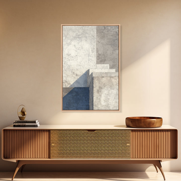 Minimal Concrete Stair Shadow Canvas Print, Modern Abstract Wall Art, Neutral Architectural Decor, Blue Beige Office Poster
