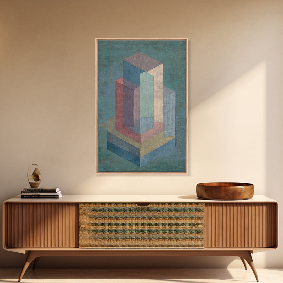 Teal Isometric Blocks Framed Canvas Print, Midcentury Modern Geometric Wall Art, Pastel Architecture Decor, MCM Artwork Print
