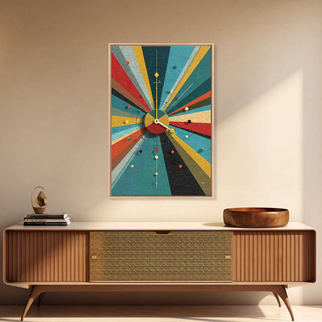 Textured Atomic Clock Sunburst Framed Canvas Print, Midcentury Modern Wall Art, Geometric MCM Poster For Living Room Decor