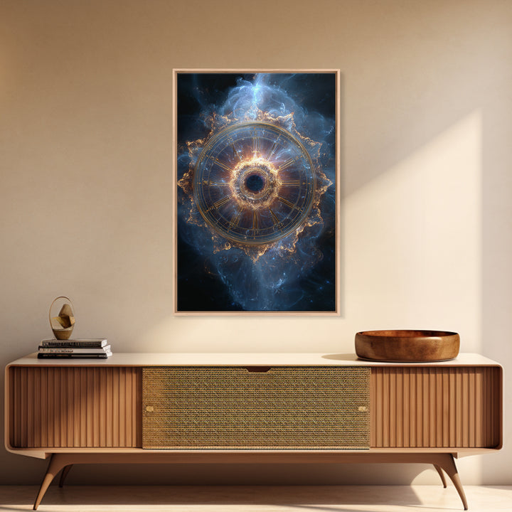 Glowing Cosmic Zodiac Clock Framed Canvas Print, Nebula Space Wall Art, Astrology Poster, Luxury Celestial Home Decor Gift