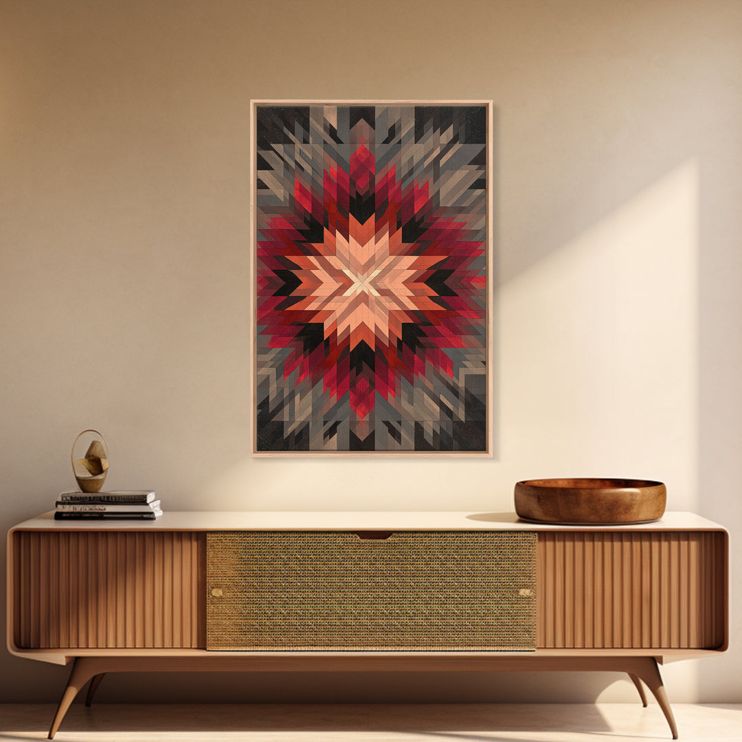 Red Gray Southwestern Starburst, Framed Canvas Print, Geometric Wall Art, Bold Abstract Decor, Rustic Modern Living Room Poster