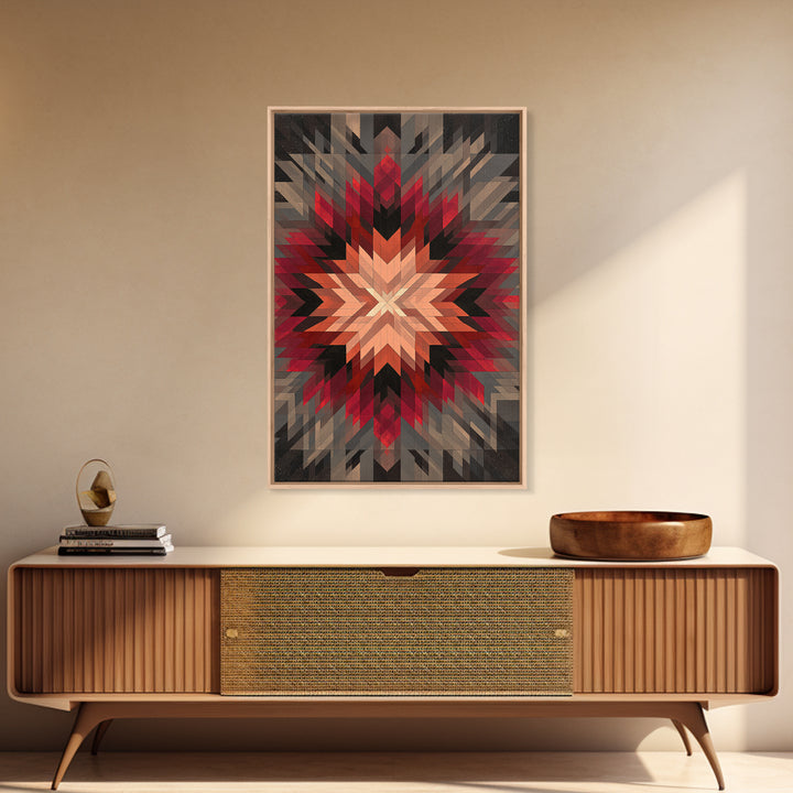 Red Gray Southwestern Starburst, Framed Canvas Print, Geometric Wall Art, Bold Abstract Decor, Rustic Modern Living Room Poster