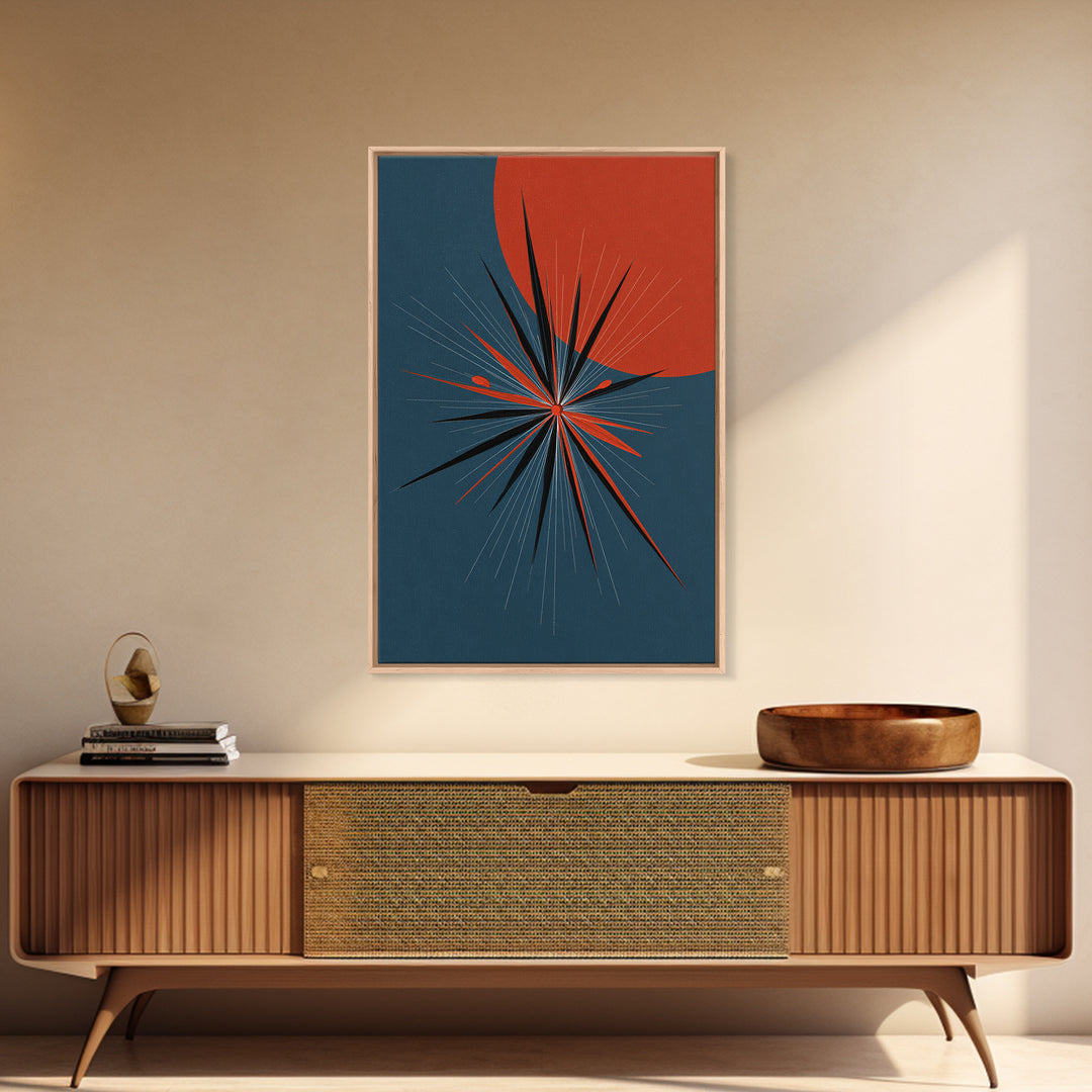Red Sun Atomic Starburst Wall Art, Midcentury Modern Art, Retro Modern Poster, Blue Orange Abstract Print, Mcm Wall Decor