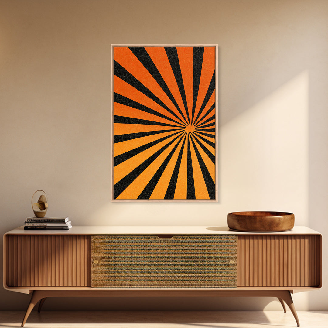 Orange Black Op Art Sunburst Canvas Print, Retro Wall Art, Geometric Art Print, Bold Mcm Decor, 70s Poster, Funky Wall Decor