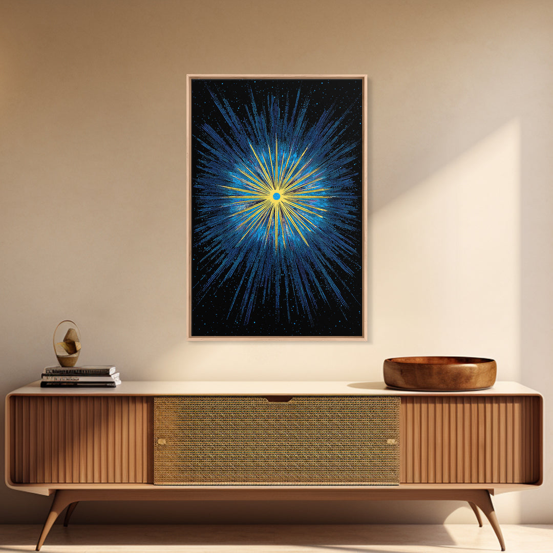 Blue Yellow Cosmic Starburst Wall Art, Space Abstract Art, Modern Digital Art, Retro Sci Fi Poster, Kids Room Decor, Large Print