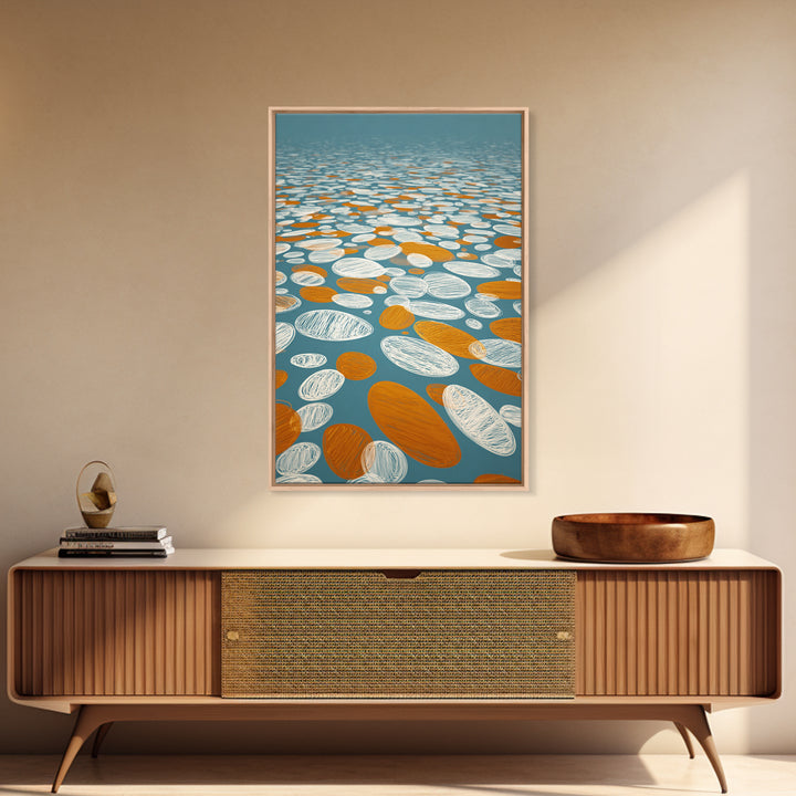 Orange White Floating Pebble Wall Art, Modern Abstract Art Print, Retro Geometric Decor, Blue Coastal Perspective Poster