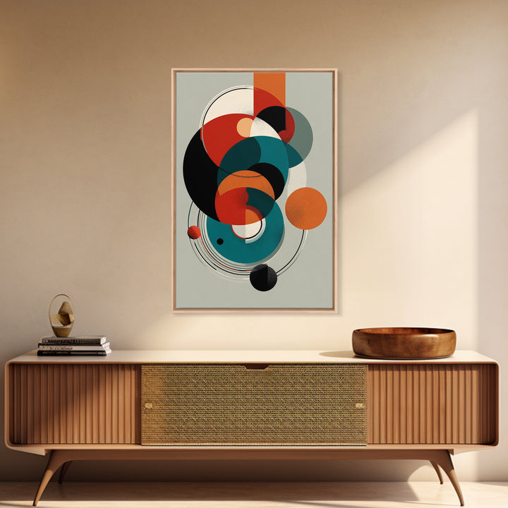 Orange Teal Geometric Circles Framed Canvas Print, Midcentury Modern Wall Art, Bauhaus Abstract Decor, Retro Home Decor Print