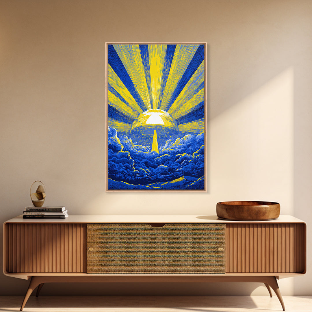 Blue Yellow Celestial Sunburst Canvas Print, Mid Century Modern Wall Decor, Abstract Sun Rays, Cosmic Retro Poster For Living Room