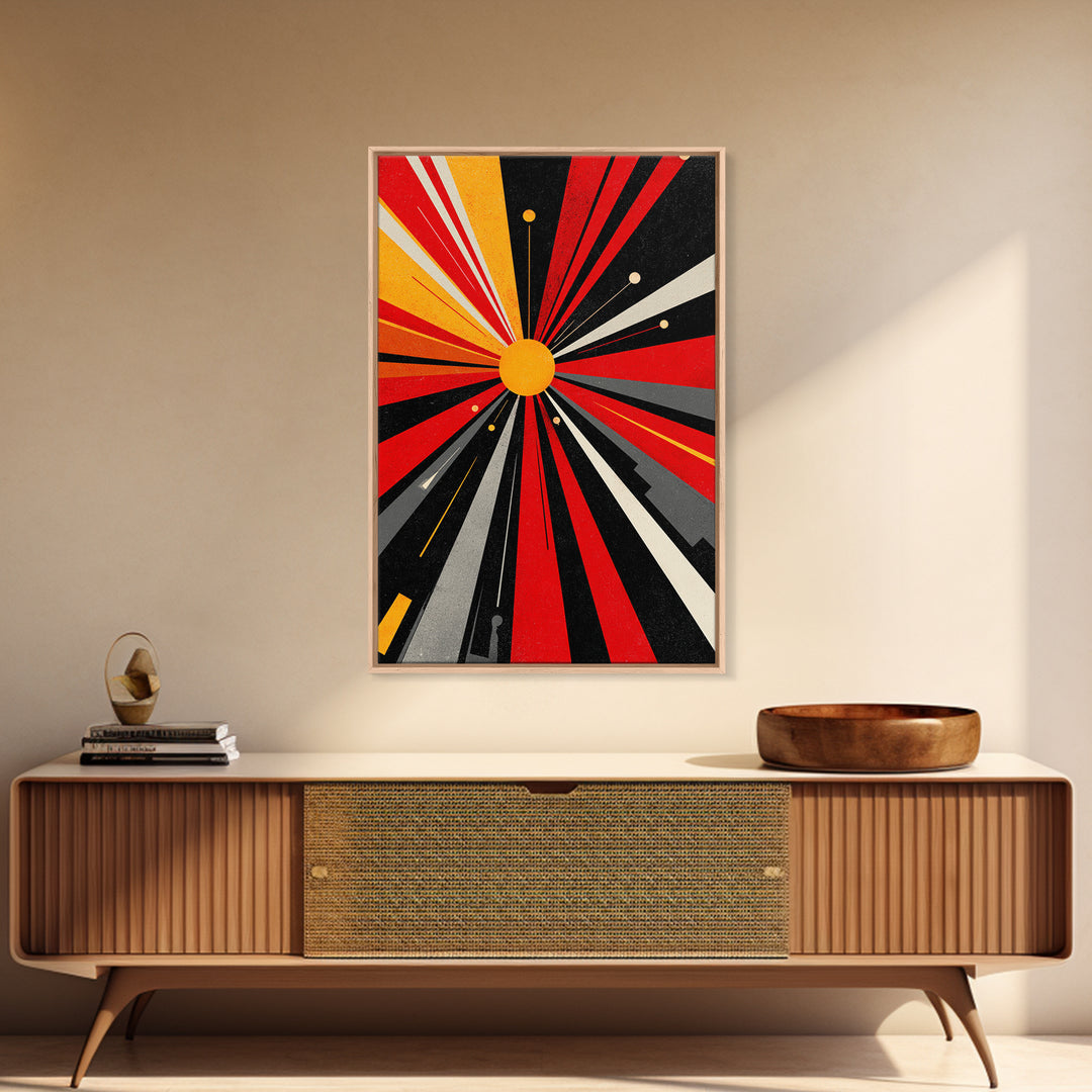 Atomic Red Black Starburst Canvas Print, Mid Century Modern Abstract Wall Art, Geometric Space Poster, Retro Bauhaus Decor