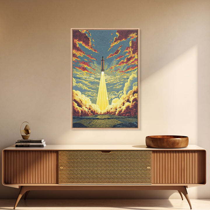Golden Rocket Launch Framed Canvas Print, Mid Century Modern Space Wall Art, Retro Sci Fi Poster, Dramatic Cloudscape Decor