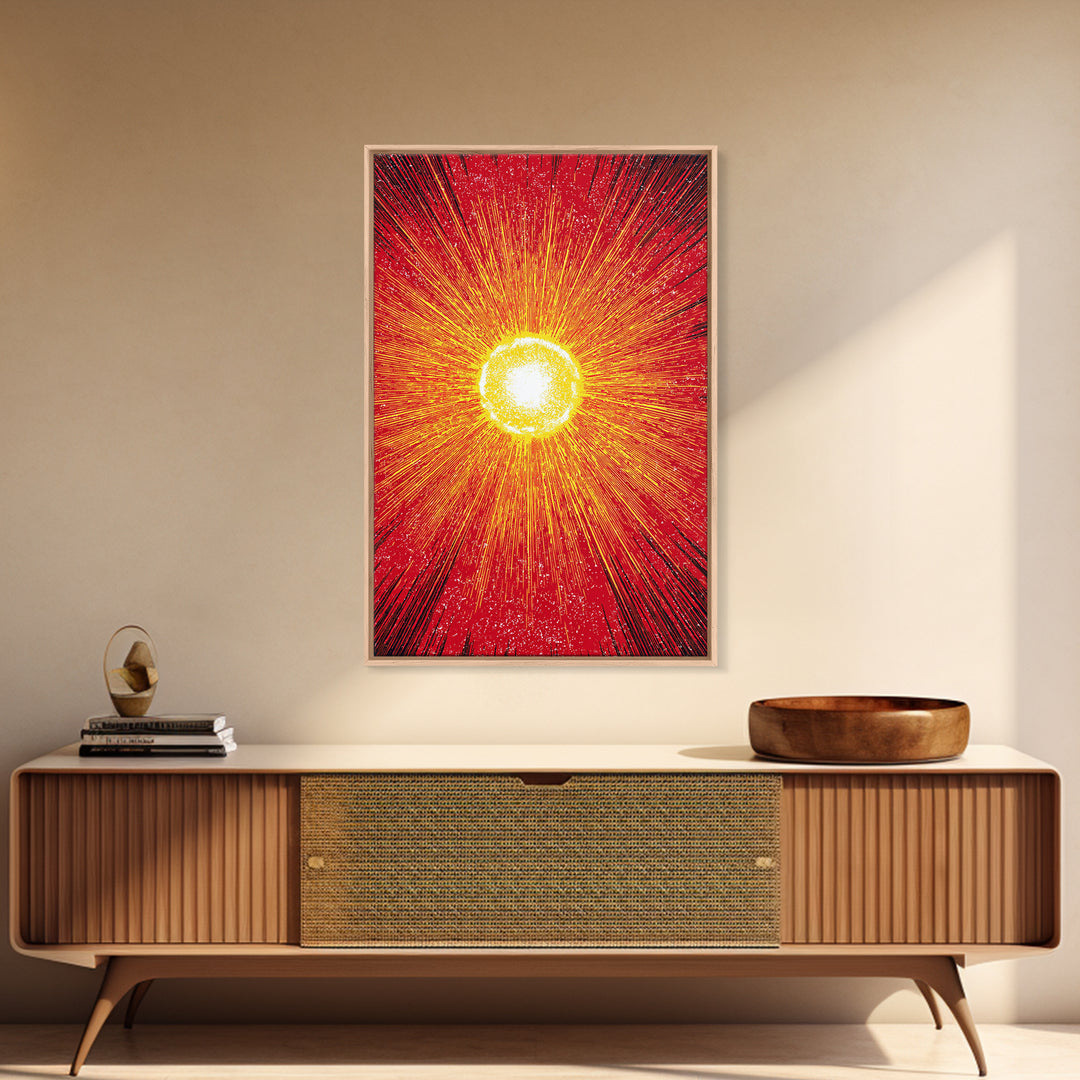 Blazing Red Solar Sun Wall Art, Mid Century Modern Abstract Poster, Orange Yellow Energy Rays, Atomic Retro Decor Print Gift