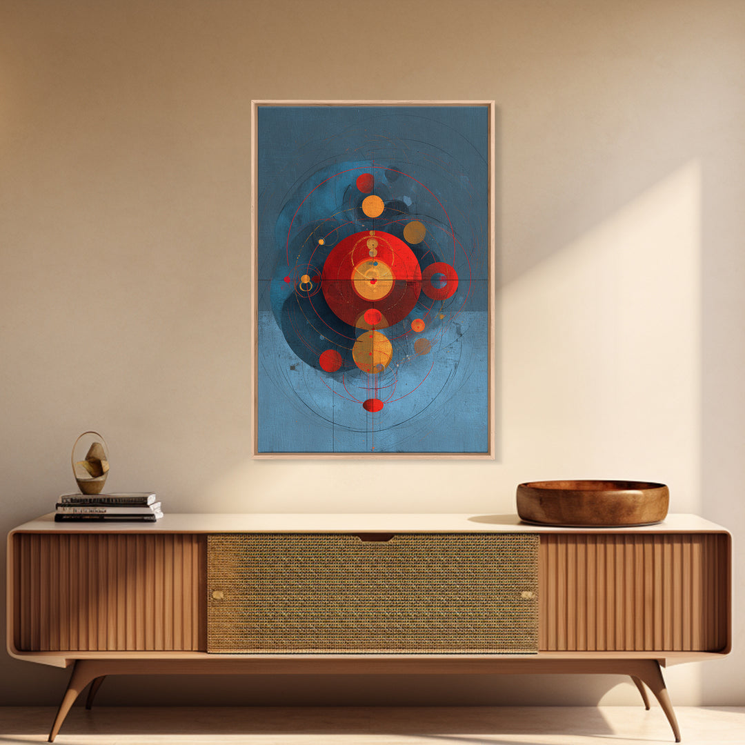 Blue Red Orbital Geometry Canvas Print, Mid Century Modern Abstract Wall Art, Atomic Circles Poster, Bauhaus Home Decor Gift