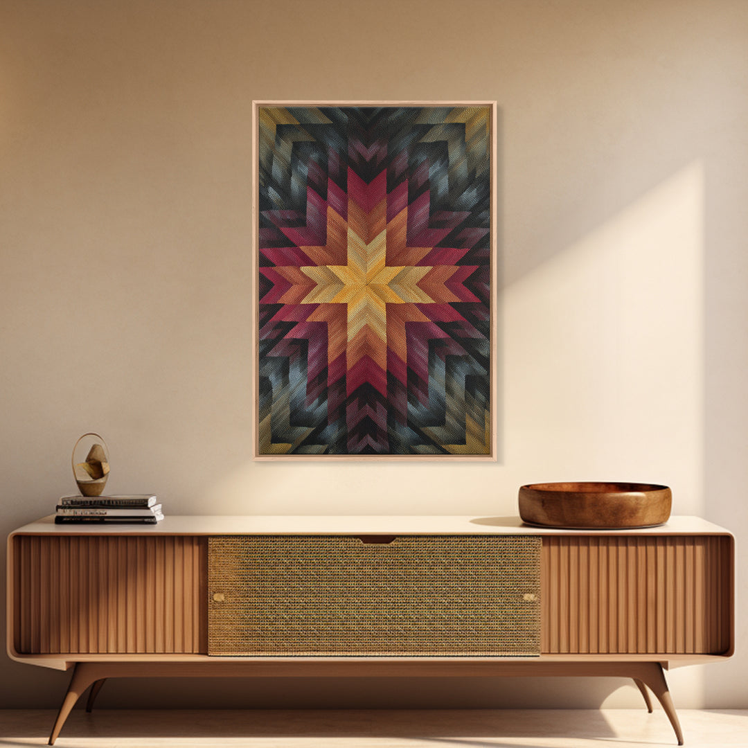 Southwestern Geometric Star Quilt Canvas Print, Midcentury Modern Wall Decor, Red Gold Black Abstract Statement Art For Living Room