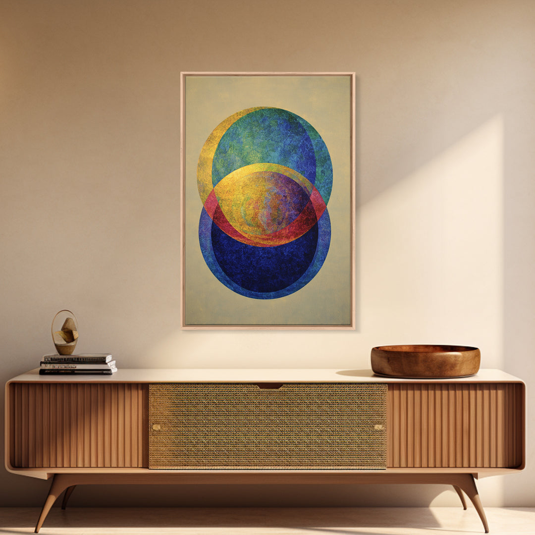 Overlapping Circle Geometry Framed Canvas Print, Mid Century Modern Abstract Wall Art, Colorful Bauhaus Decor, Textured Poster