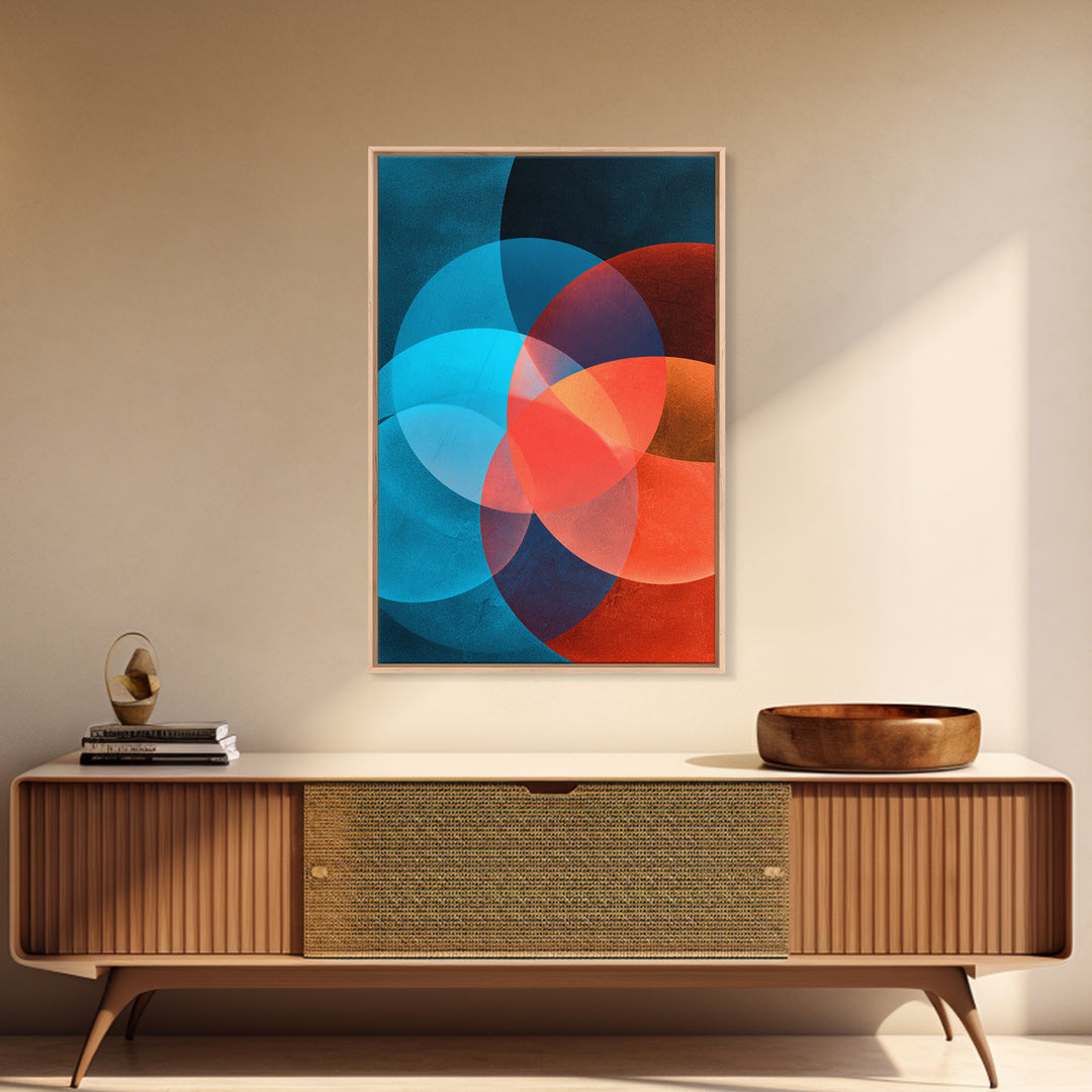 Vivid Teal Orange Circles Abstract Canvas Print, Midcentury Modern Geometric Wall Decor, Retro MCM Living Room Art, Home Office Decor