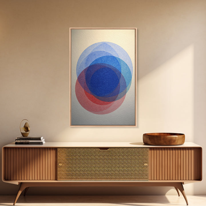 Soft Blue Red Overlapping Circles Framed Canvas Print, Minimalist Midcentury Modern Wall Art, Geometric Bedroom Decor, Blue Art Print