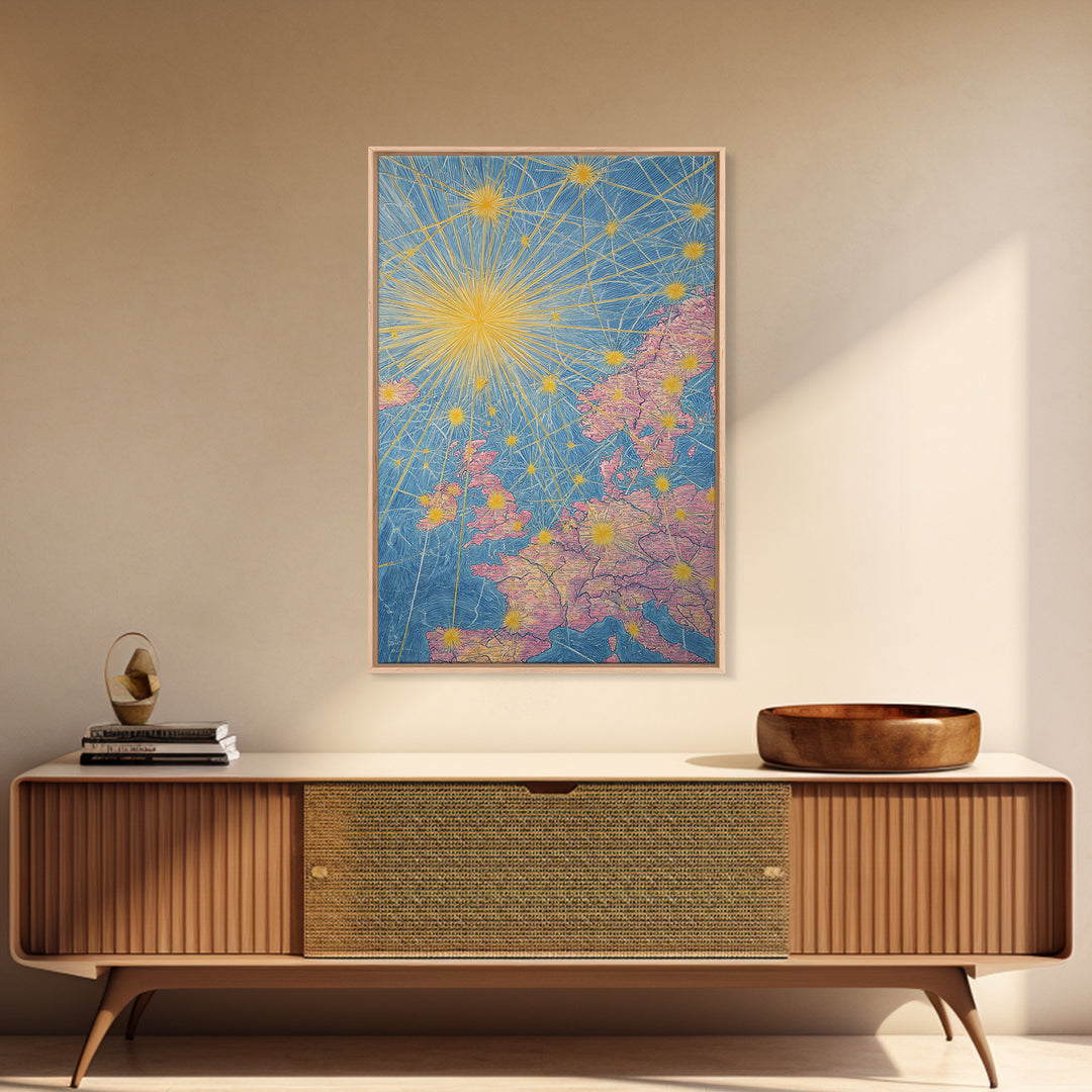 Europe Flight Route Map Canvas Print, Midcentury Modern Travel Wall Decor, Blue Pink Atomic Aviation Poster For Office Living Room