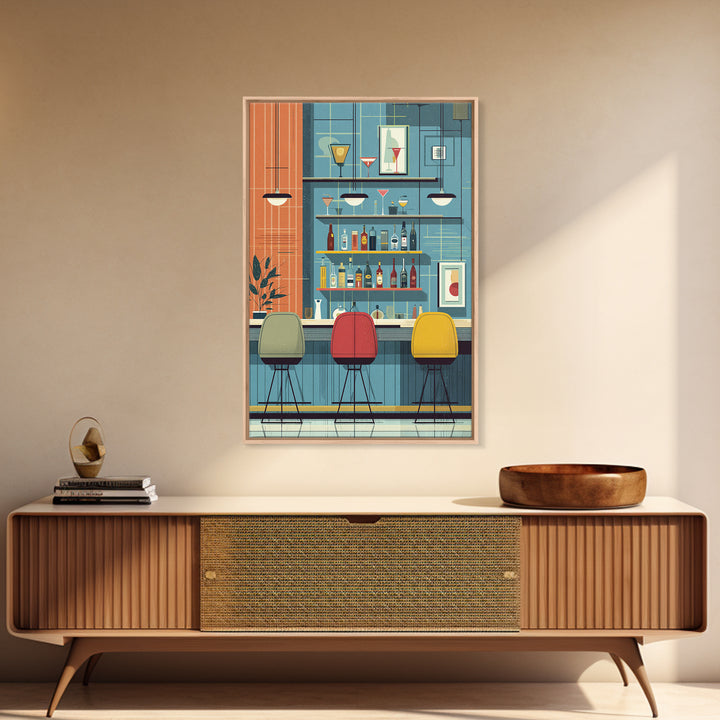 Colorful Retro Cocktail Bar With Three Chairs Canvas Print, Midcentury Modern Wall Decor, Bar Cart Art, Kitchen Poster Gift