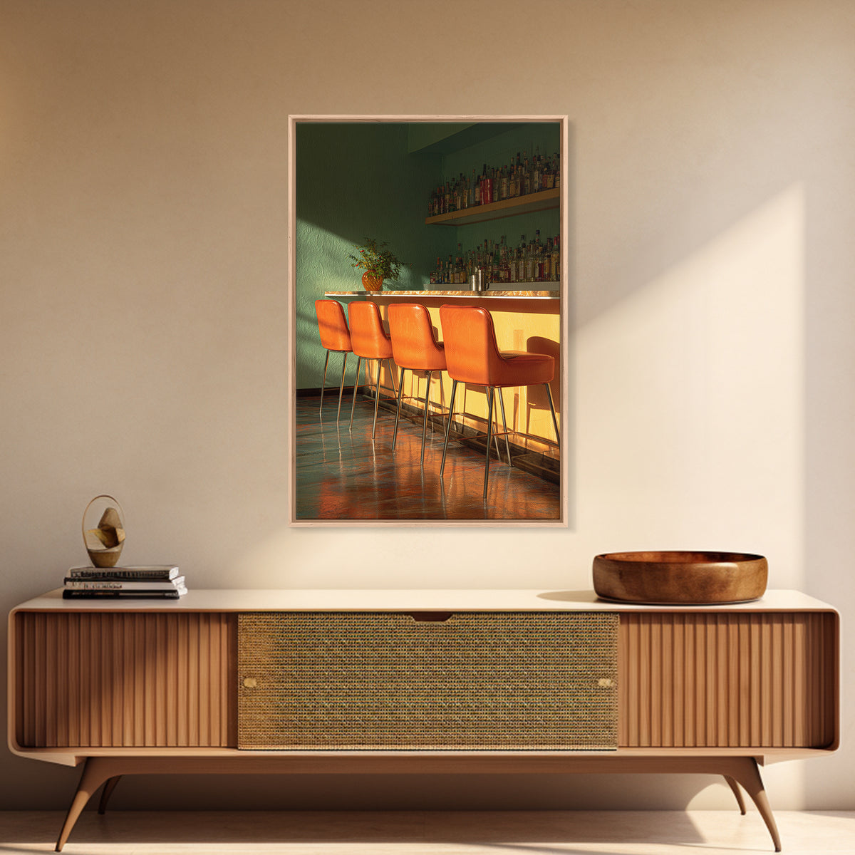 Green And Orange Sunlit Cocktail Bar With Stools Canvas Print, Midcentury Modern Wall Art, Retro Decor, Warm Lounge Poster