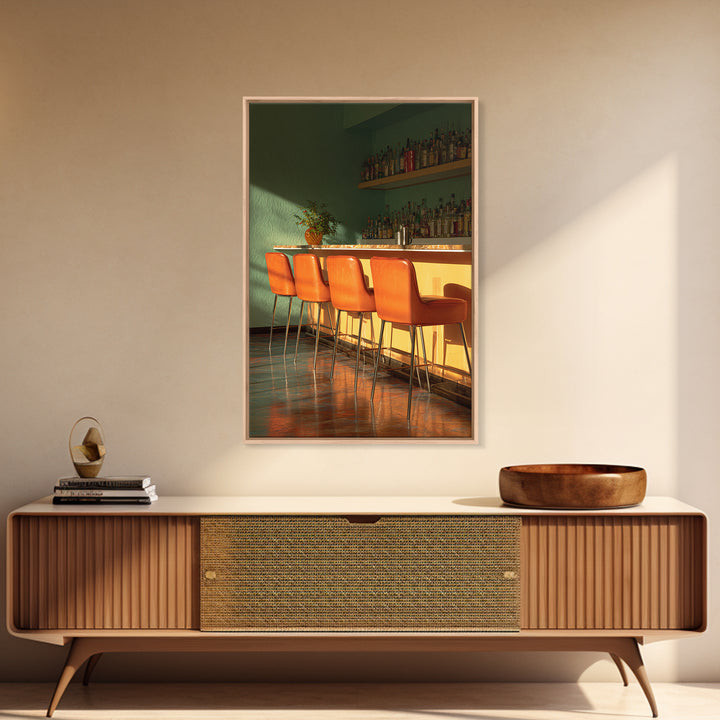 Green And Orange Sunlit Cocktail Bar With Stools Canvas Print, Midcentury Modern Wall Art, Retro Decor, Warm Lounge Poster