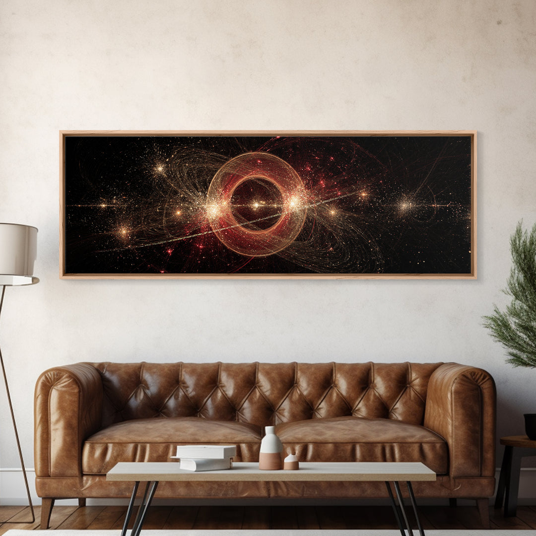 Glowing Cosmic Ring With Gold Sparks Wall Art, Abstract Space Poster, Modern Wall Decor, Galaxy Print, Black Red Home Decor