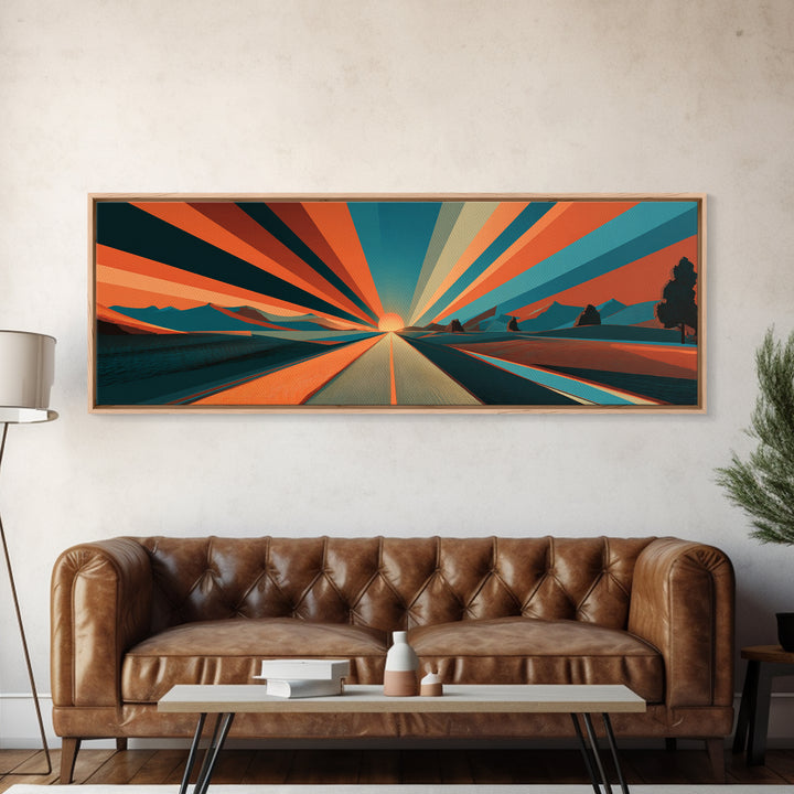 Retro Desert Road Sunburst Canvas Print, Midcentury Modern Wall Art, Orange Teal Landscape Poster, Palm Springs Decor Gift