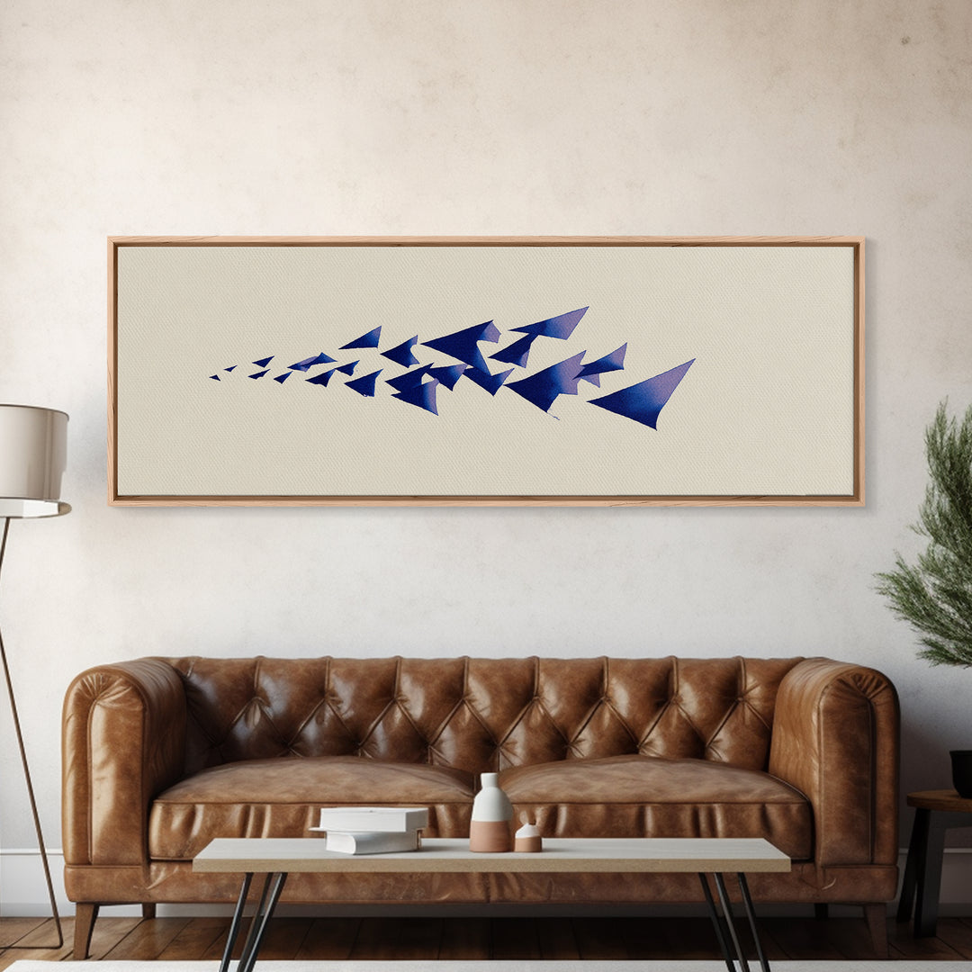 Blue Triangle Flock Abstract Canvas Print, Midcentury Modern Art, Geometric Shapes Art, Minimalist Wall Art, Modern Decor