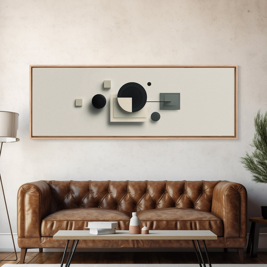 Neutral Three Dimensional Geometric Circles Framed Canvas Print, Midcentury Modern Art, Abstract Decor Art, Modern Home Decor, Office Art