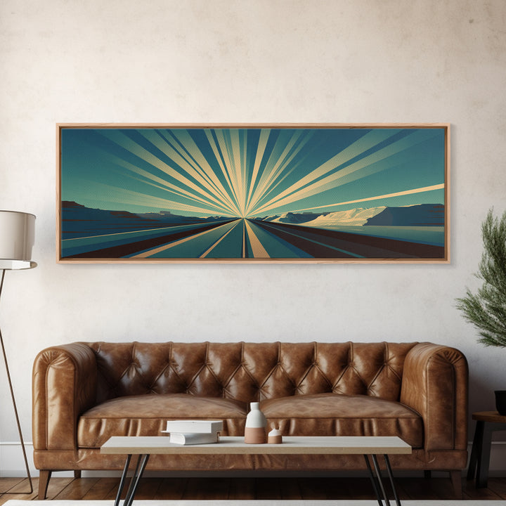 Radiant Teal Highway Horizon Wall Art, Midcentury Modern Art Print, Retro Landscape Poster, Modern Wall Decor For Office
