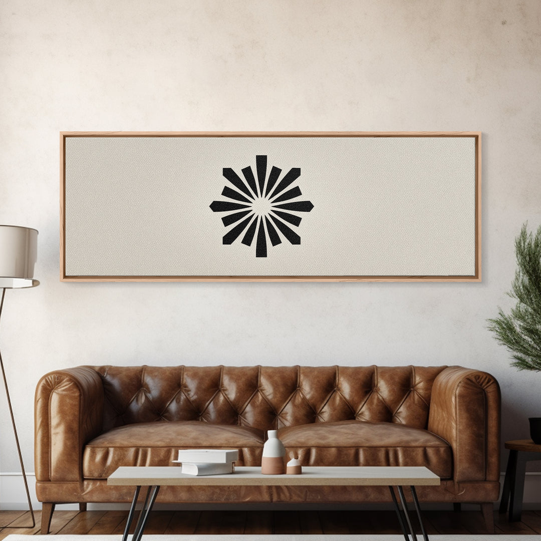 Black Radial Sunburst On Beige Canvas Print, Mid Century Modern Art, Atomic Retro Poster, Minimalist Geometric Wall Decor