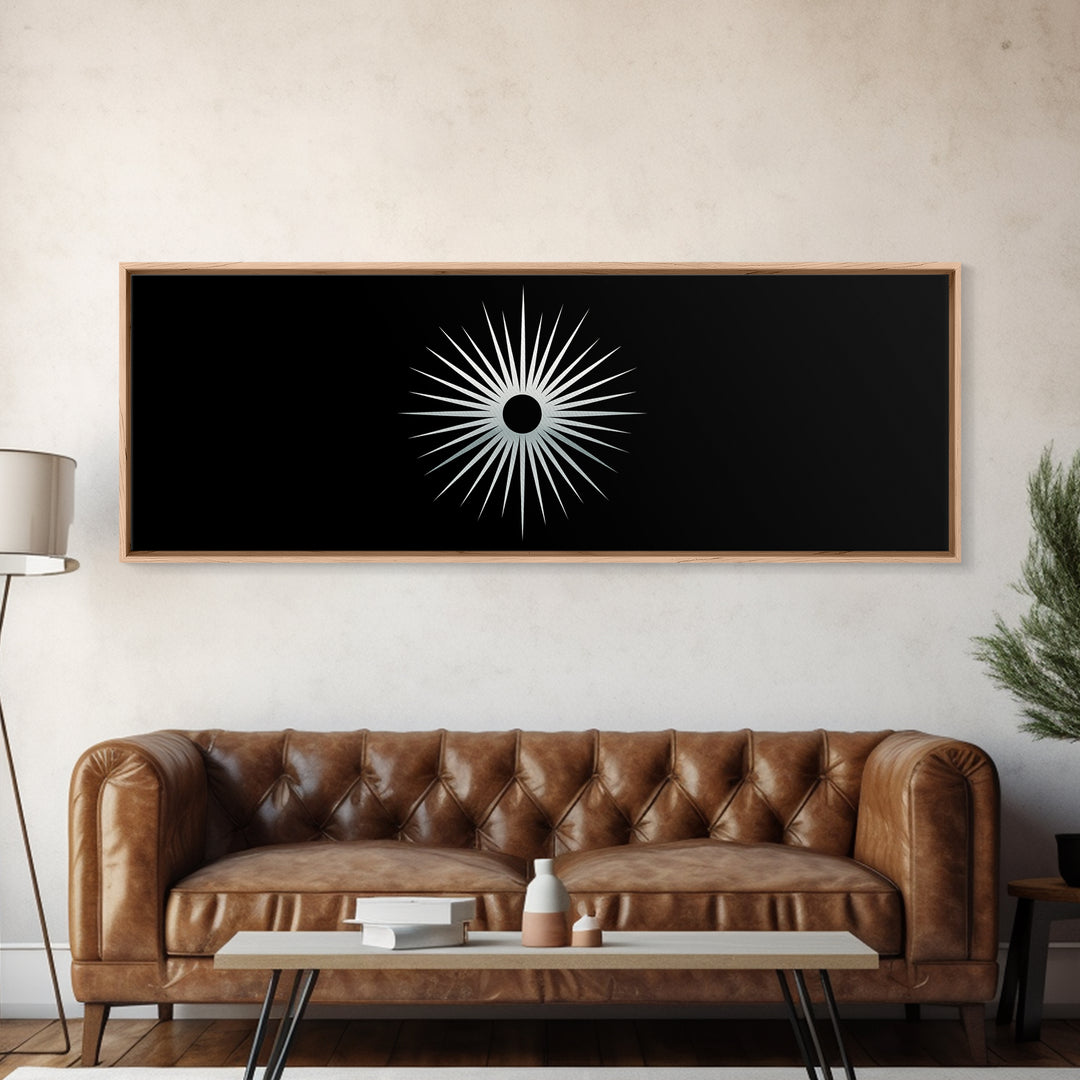 White Solar Eclipse Starburst Wall Art, Mid Century Modern Print, Black Retro Abstract Poster, Atomic MCM Wall Decor, Minimalist Art