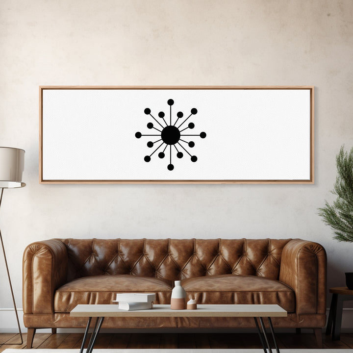 Black Atomic Orb And Dots Framed Canvas Print, Mid Century Modern Art, Retro Geometric Poster, Minimalist MCM Decor, Wall Art