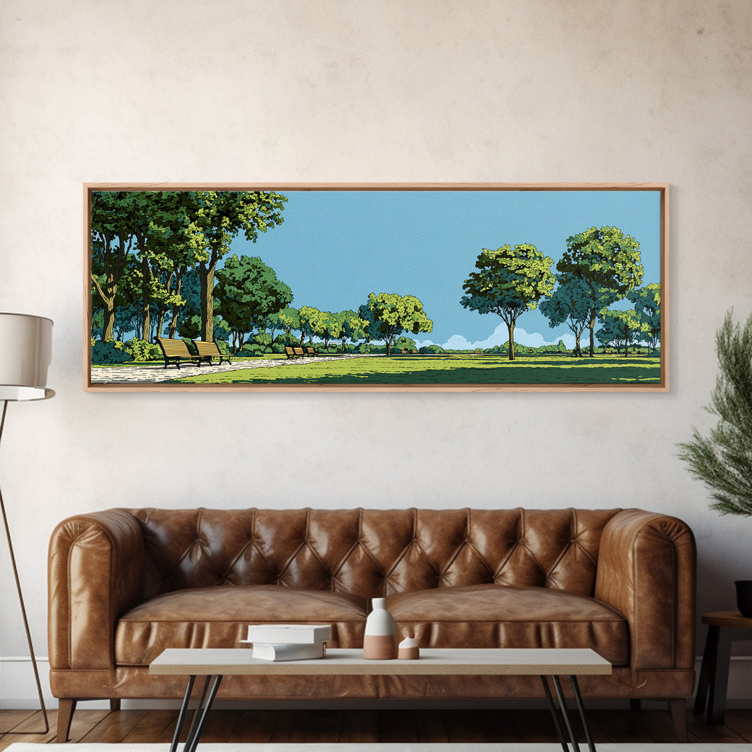 Sunny Green Park With Benches Wall Art, Mid Century Modern Landscape Print, Nature Wall Decor, Scenic Living Room Art, Office Decor