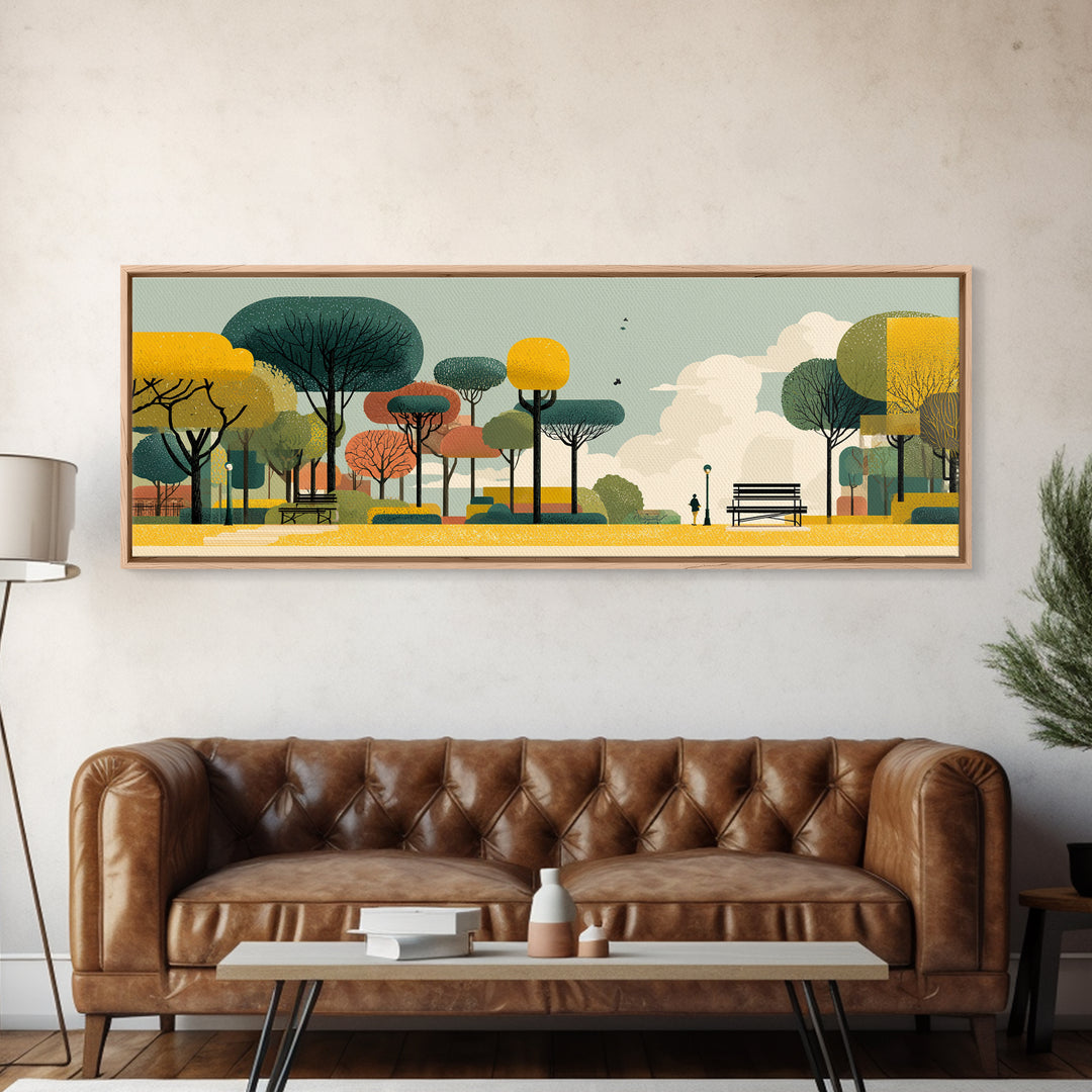 Autumn Modern Park With Benches Canvas Print, Mid Century Modern Art, Scandinavian Landscape Poster, Colorful Nature Decor