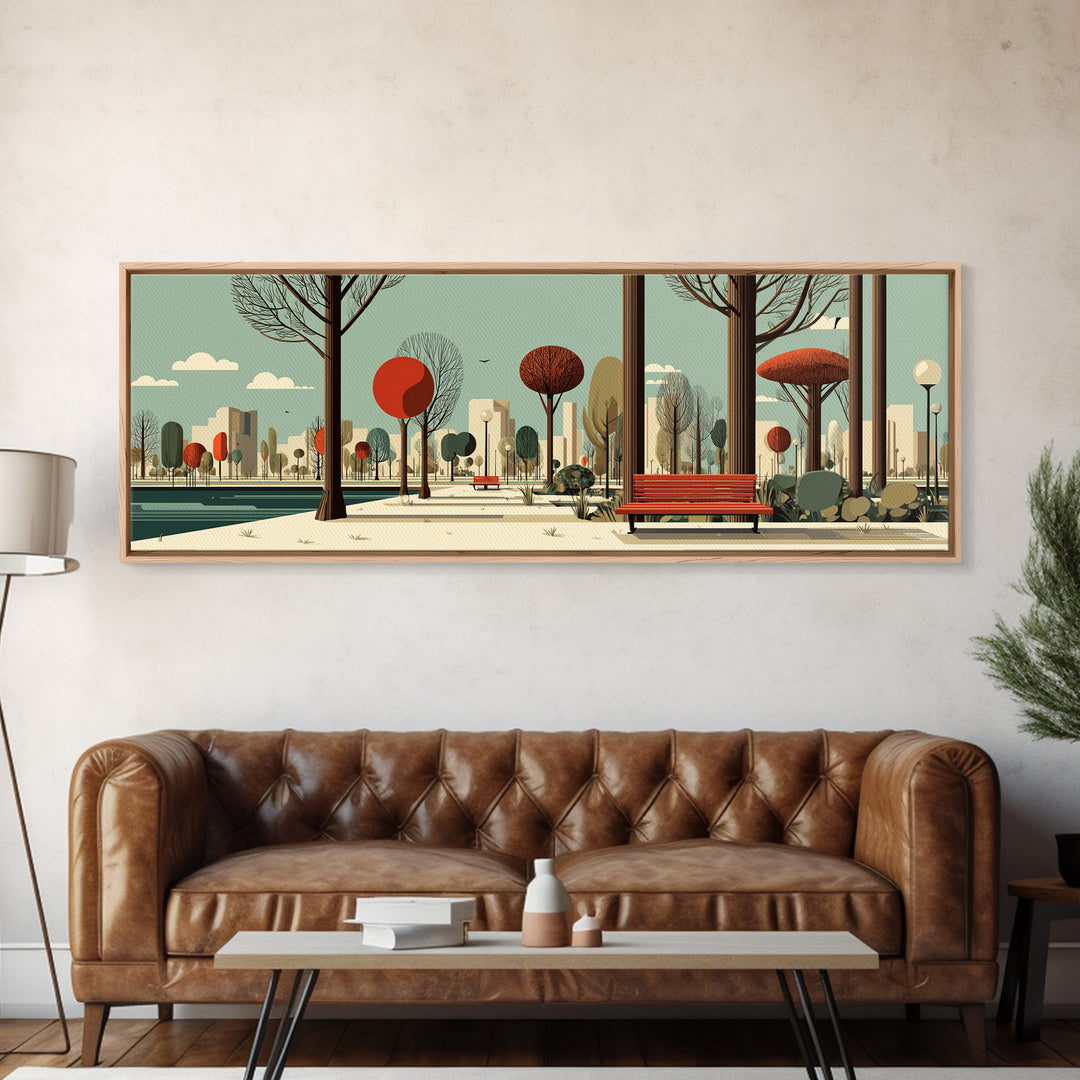 Red Bench City Park In Autumn Wall Art, Mid Century Modern Landscape Print, Retro Urban Poster, Colorful Living Room Decor