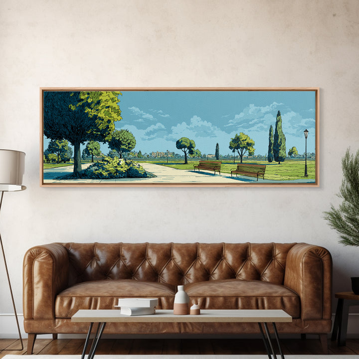Blue Lakeside Park With Benches Wall Art, Mid Century Modern Landscape Print, Scenic Nature Poster, Home Office Wall Decor