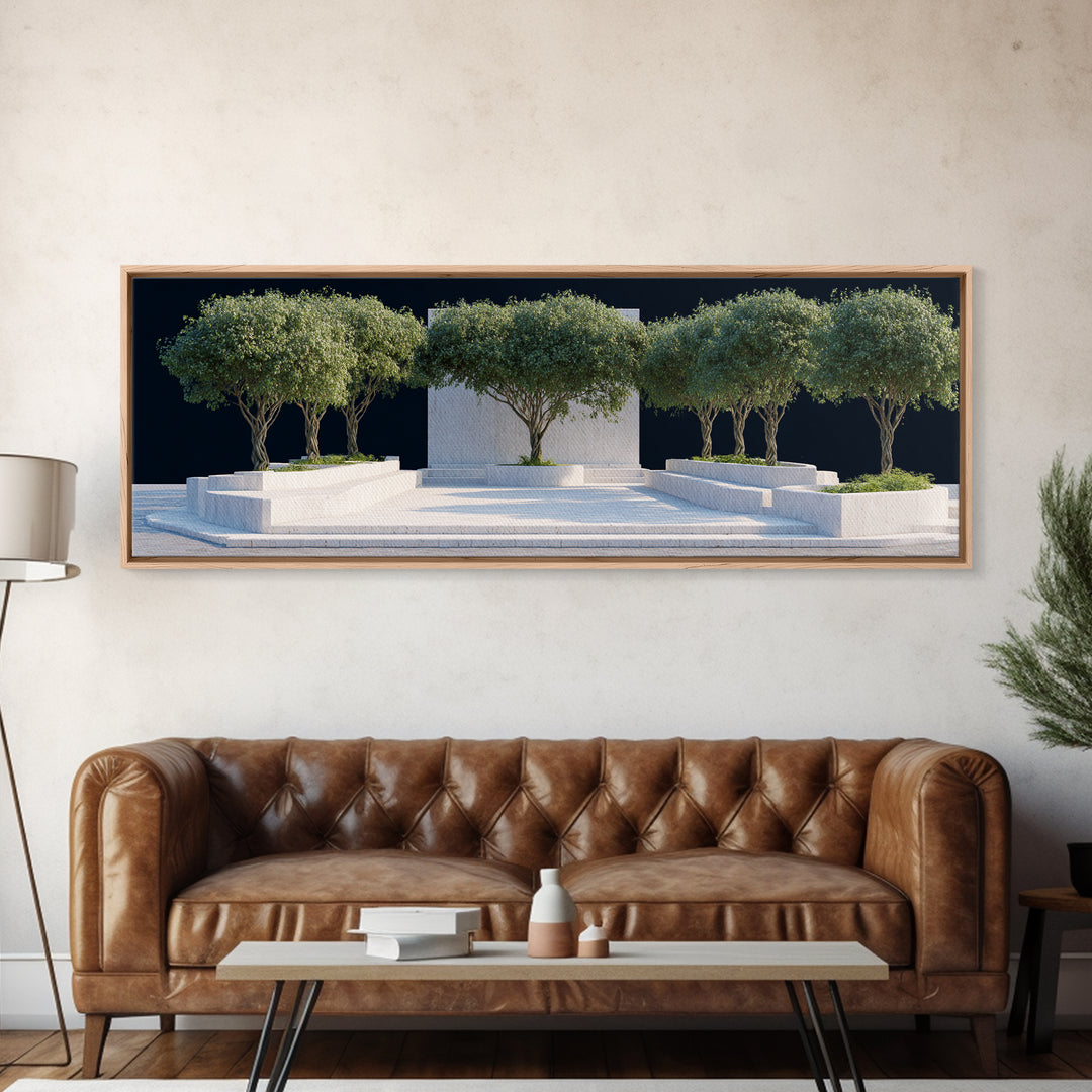 Mediterranean Olive Tree Courtyard Framed Canvas Print, Modern Wall Art, Architectural Landscape, Minimalist Home Decor Art