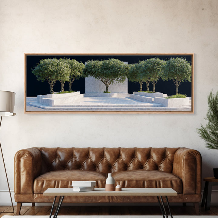 Mediterranean Olive Tree Courtyard Framed Canvas Print, Modern Wall Art, Architectural Landscape, Minimalist Home Decor Art