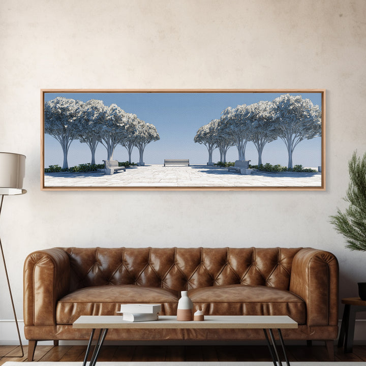 Symmetrical Winter Tree Promenade Canvas Print, Modern Wall Art, Scandinavian Landscape, Blue White Minimalist Wall Decor