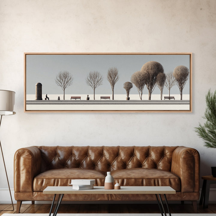 Minimal Winter Promenade With Bare Trees And Benches Wall Art, Modern Landscape Print, Scandinavian Decor, Office Art, Home Decor