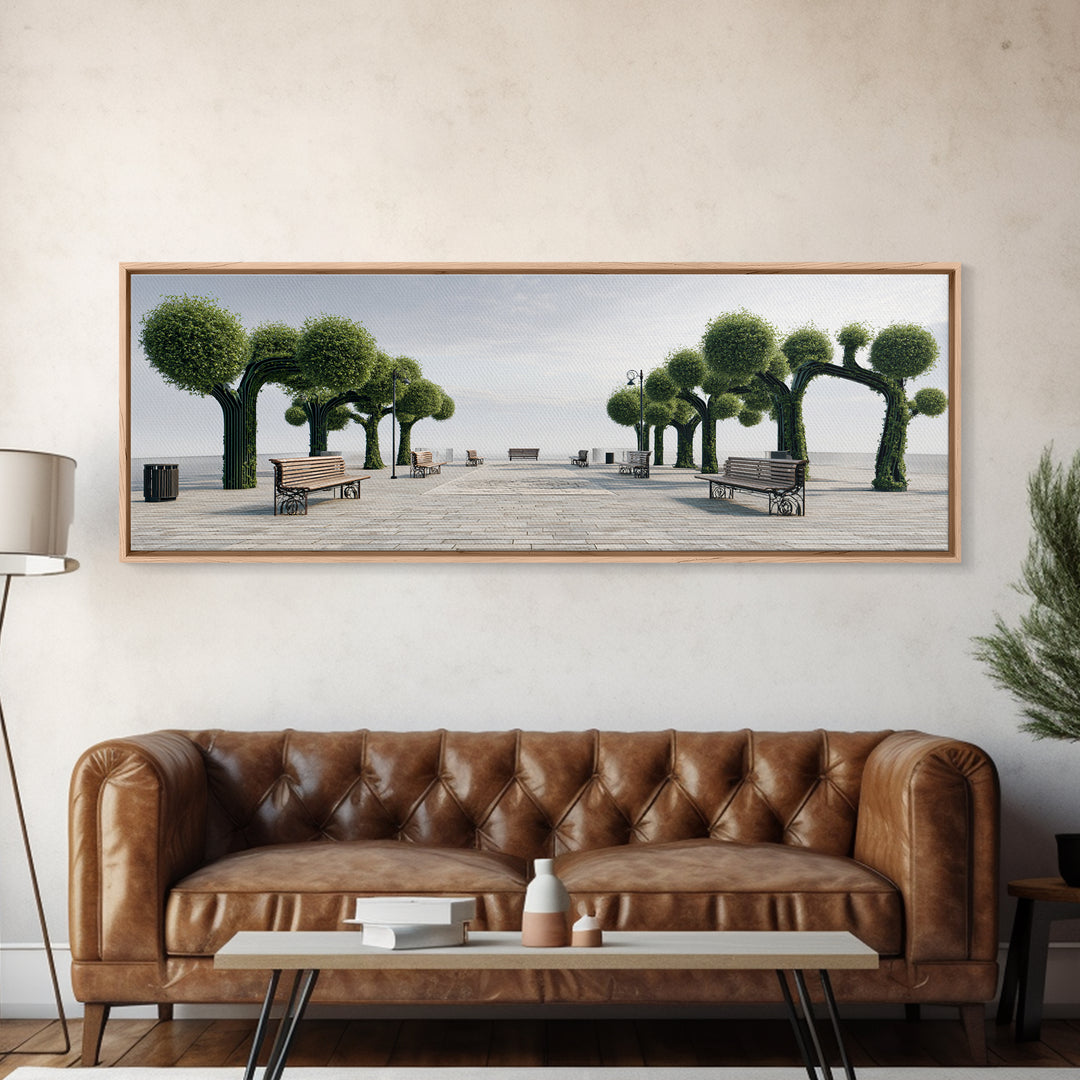 Coastal Boardwalk With Sculpted Green Trees And Benches Framed Canvas Print, Modern Wall Art, Beach House Decor Landscape
